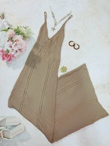 女士夏季波西米亚风镂空性感薄纱罩衫连衣裙，无袖V领钩针编织泳衣连衣裙，性感露背连衣裙，波西米亚风沙滩裙 - 卡其色 - 查看 6