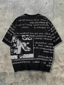 ANDREILEE 春夏英文字母图案复古印花罗纹圆领短袖针织衫，宽松街头休闲套头毛衣，黑色 - 黑色 - 查看 3