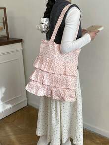 Bolso de lona con volantes en los hombros, estilo Mori, versión coreana de literatura y arte para estudiantes, bolso de lona suave para chicas, nuevo para el verano 2024 - Rosa Pálido - Ver 4