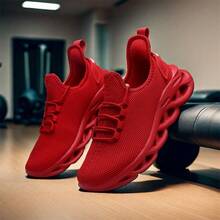 Herren gestrickte Mesh atmungsaktive Sneaker, mehrere leuchtende Farboptionen - bequeme & modische unisex Sportschuhe, leicht & einfach zu tragen, ideal für den täglichen Street-Style und Neujahrsfeiern - Rot - Übersicht 2