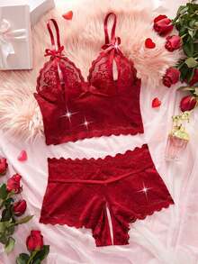 2pcs/Set Valentine's Day Surprise Floral Lace Lingerie Set - Adjustable Sheer Bow Bra And Breathable Open Crotch Panties, Women's Underwearcrotchless Lingerie Valentine  Fishnet Date Night - Màu Đỏ Sâu - Xem 1