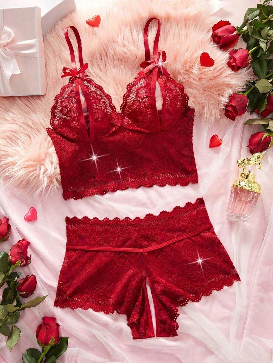 2pcs/Set Valentine's Day Surprise Floral Lace Lingerie Set - Adjustable Sheer Bow Bra And Breathable Open Crotch Panties, Women's Underwearcrotchless Lingerie Valentine  Fishnet Date Night - Màu Đỏ Sâu - Xem 1