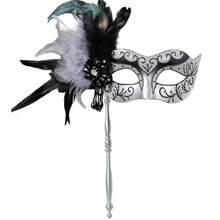 2025 New Masquerade Mask For Women With Stick - Shiny Women's Feather Mardi Gras Venetian Mask For Costume Accessory - F黑銀 - 查看 1