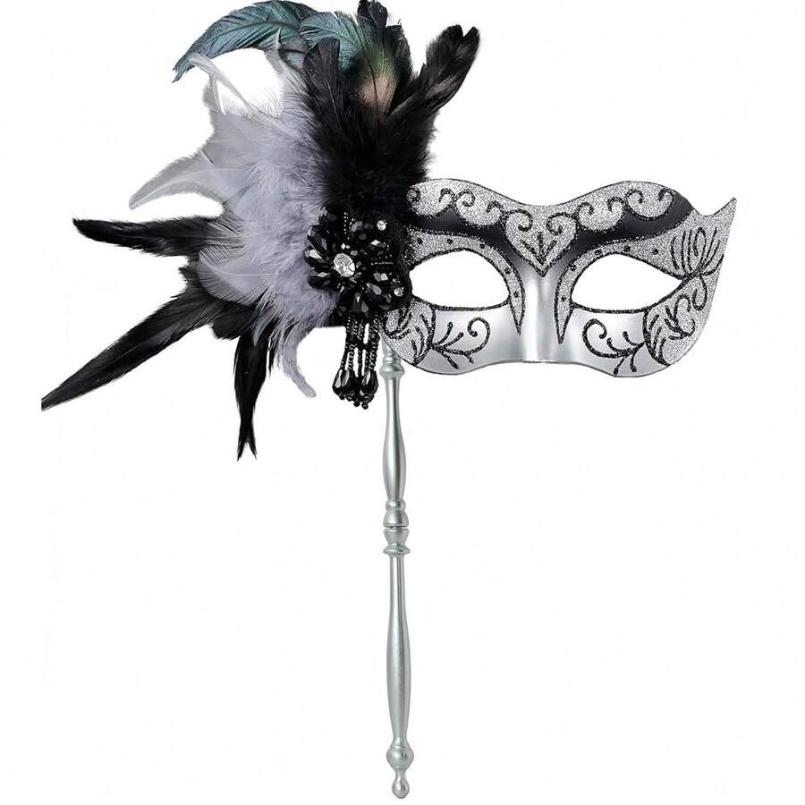 2025 New Masquerade Mask For Women With Stick - Shiny Women's Feather Mardi Gras Venetian Mask For Costume Accessory - F黑銀 - 查看 1