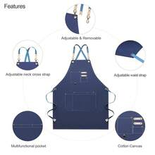 Dulabi Apron, Adjustable Chef Apron For Women And Men With Large Pockets, CooFKing Kitchen Apron With Back Straps - 丹寧藍 - 查看 3