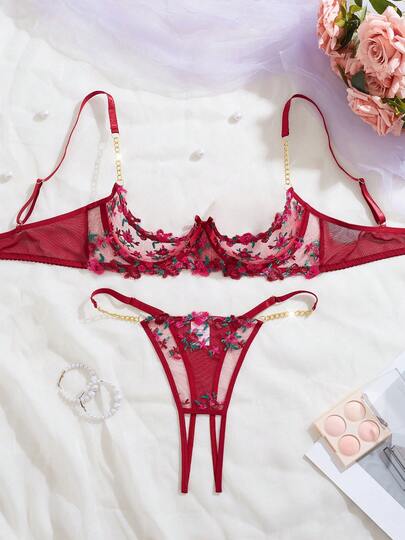 1 Set Women's Sexy Lingerie, Floral Sheer Mesh Embroidered Lace Trim With Gold Chain, 1/4 Cup Open Slit Hollow Design Adjustable Bra And Panty, 2pcs Set