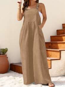 IGKEEL Plus Size Women's Vacation Outfit, Spring/Summer Loose Pleated Wide Leg Casual Solid Color Jumpsuit - Khaki - View 3