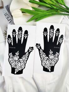 2 Pieces Palm-Center Rose & Leaf Pattern Tattoo Stencils – Exquisite Hollowed-Out Delicate Textures, Reusable, Suitable For DIY Personalized Temporary Tattoos, Fit For Party & Daily Body Decoration, Easily Create Custom Romantic-Style Tattoo Looks