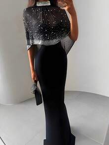 Đầm dự tiệc không tay, cổ cao, bóng bẩy, thanh lịch, đính ngọc trai, lớp vải voan mỏng. - màu đen - Xem 5