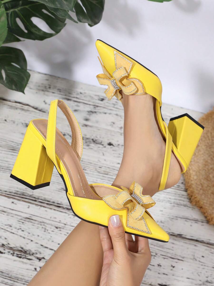 2026 New Design Pointed Toe Thick Heel High Heels Women Shoes, Unique Bowknot Rhinestone Sandals - Yellow - View 1