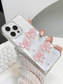 1pc Textured Transparent Shiny New 3D Stereoscopic Pink Bow Acrylic Large Hole Epoxy 2-In-1 Phone Case Compatible With IPhone 17 Pro Max, 16 Pro Max, 15, 14, 13, 12, 11 Pro Max, Fashionable Phone Case - Pink - View 2