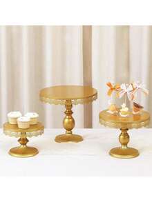 Set Of 3 Round Metal Cake Stand Set, Displaying Table For Birthday Party Cake Display Baby Shower Wedding Pastry Decor Supplies Cupcake Dessert Decoration,Dessert Table Display Set/Food Display Stands/Christmas Decor/Funny Gifts - 金色 - 查看 4