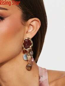 1 Pair Of Bohemian Style Amber Tassel Pendant Earrings For Women, Retro Geometric Resin Imitation Gemstone Earrings, Niche Design, Light Luxury, High-End, Long Earrings - Amber Tassels - View 8