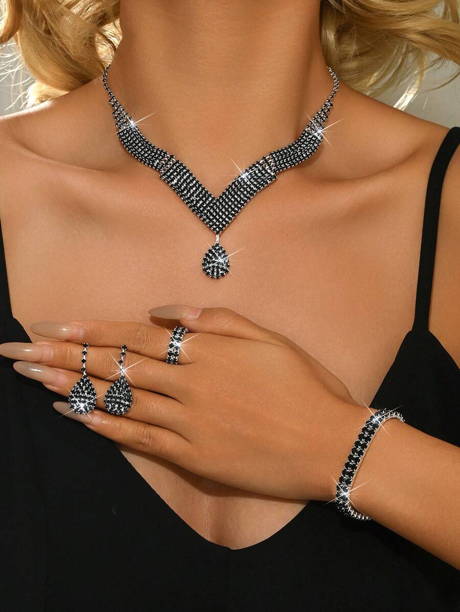 Rhinestone Water Drop Charm Necklace&Drop Earrings&Bracelet White, Red, Black - White 8307 - View 1