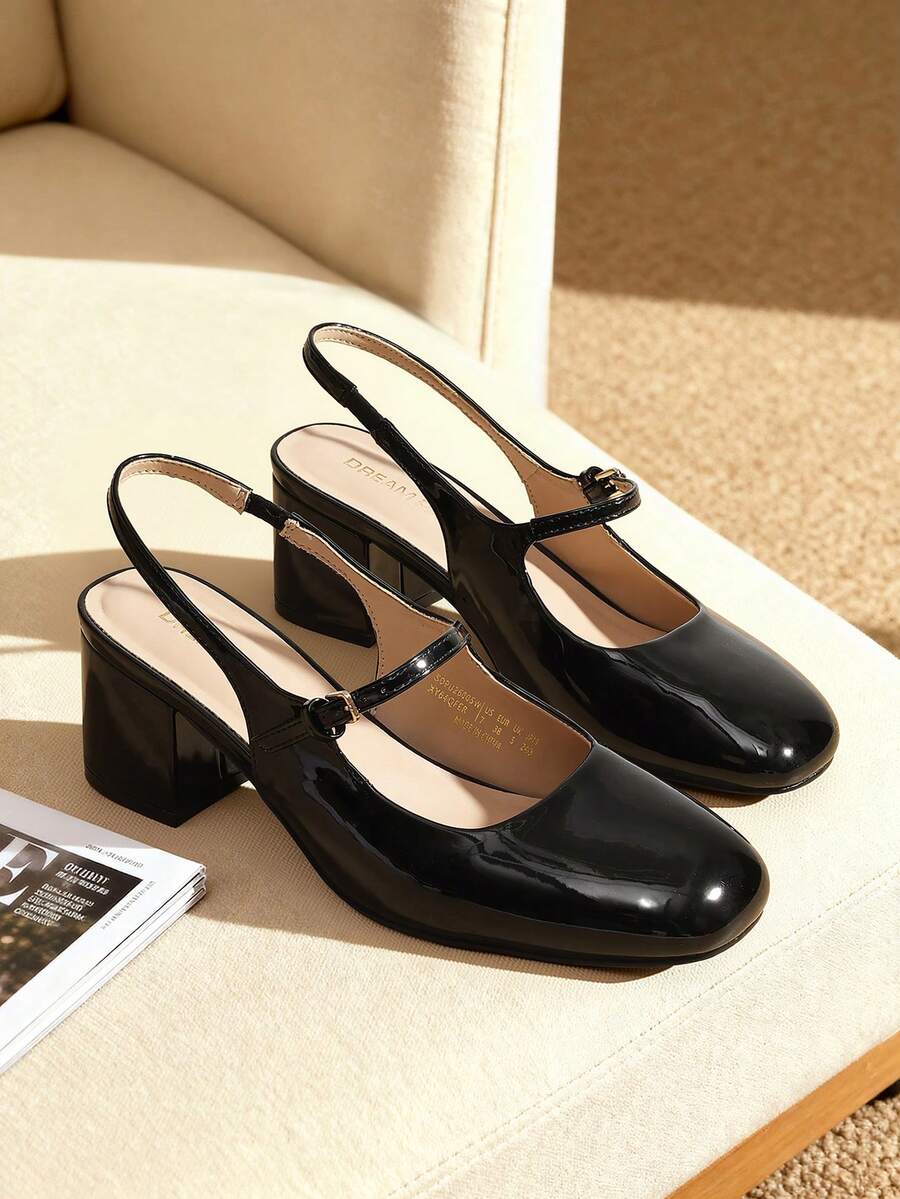 Women's Mary Jane Low Chunky Heels Slingback Closed Square Toe Dress Shoes Elegant Wedding Party Work Office Pumps Shoes - 黑色 - 查看 1