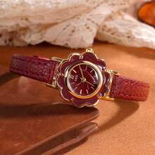 1 Stück Damen Rote modische blütenförmige kreative Nische hochwertige minimalistische exquisite Lederband Quarzuhr, geeignet für tägliche Dekoration