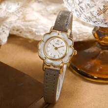 1 Stück Damen Rote modische blütenförmige kreative Nische hochwertige minimalistische exquisite Lederband Quarzuhr, geeignet für tägliche Dekoration