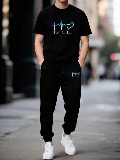 Set de 2 piezas de camiseta de manga corta y pantalones con gráficos de fe, esperanza y amor en colores llamativos para hombres, adecuado para la calle, al aire libre, festivales y uso diario