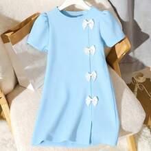 Distinctive Black A-Line Dress For Teen Girlwith Elegant 3D Bow Detail, Puff Sleeves And Front Slit - Polyester, Knee-Length, Teenage Party Dress, Spring/Summer - Baby Blue - View 3