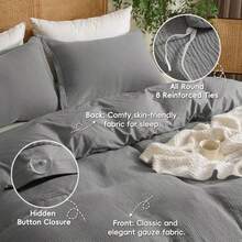 100 Cotton Muslin Duvet Cover Set King Size3 Pcs Ultra Soft Breathable Lightweight Gauze Bedding Set With 2 Pillowcases Textured Home Decor With Button 104*90 Dark Grey No Insert - Grey - View 5