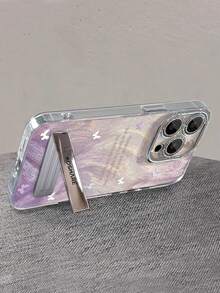 1pc Electroplated Glitter Full Coverage Ombre Purple Butterfly Phone Case + 3D Metal Stand, Compatible With IPhone 11/12/13/14/15/16/17/Pro Max - Purple - View 3