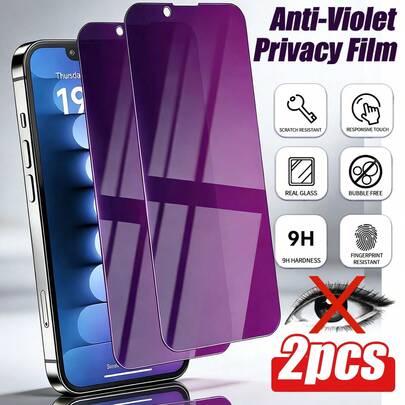 2片装高级紫色隐私钢化玻璃屏幕保护膜，防窥视，高清屏幕保护，防水，防摔，防刮，触感顺滑，高清晰度，完美贴合，边缘光滑，触控灵敏，增强隐私保护，时尚外观，经久耐用，防指纹设计。适用于 7/8/11/12/13/14 Pro Max/15 Pro Max/16/16 Plus/16 Pro/16 Pro Max/16 e/17/17 Air/17 Pro/17 Pro Max