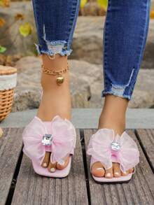 New Women's Pink Bowknot Rhinestone Decor Comfortable Soft Versatile Flat Sandals, Spring/Summer - Baby Pink - View 2