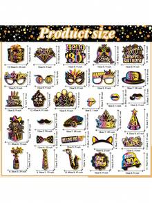 30pcs 30th Birthday Decoration Photo Props, Unisex, Black & Gold Rainbow 30th Happy Birthday Selfie Props Set, With Stick Party Supplies Gift, 30th Birthday Celebration Photo Decoration Props (40th, 50th, 60th, 70th Birthday)