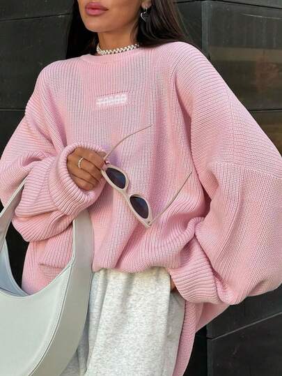 女士休闲宽松通勤字母提花圆领超大长袖套头毛衣，针织上衣，适合春、秋、冬季穿着