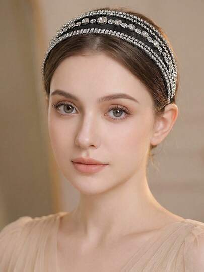 1pc Elegant Women's Hair Accessory, Black & White Mesh Rhinestone Embellished Wide Design Headband, Suitable For Hair Accessories, Bridal Headpieces, Party/Wedding Attire, Hair Styling, Holiday Gifts, Souvenirs