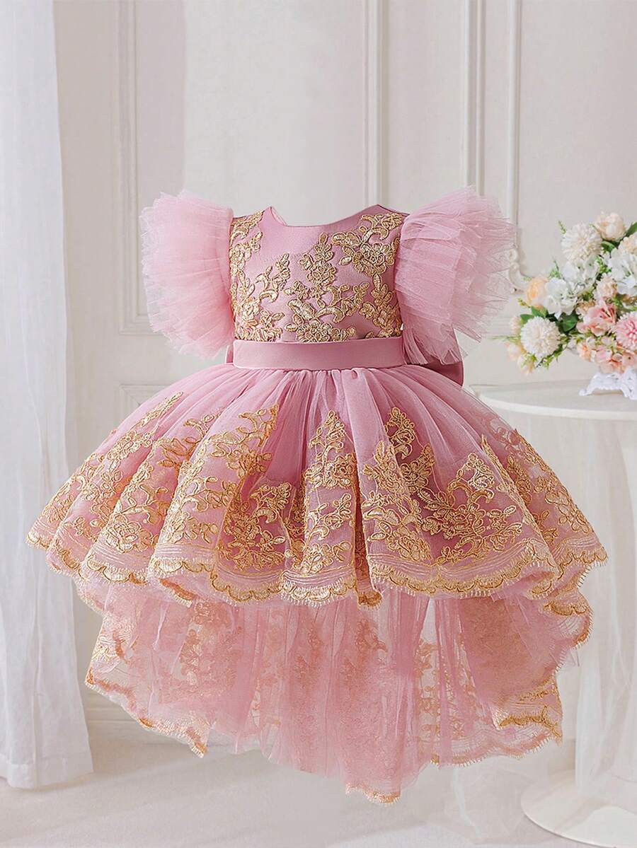 Baby Girls Embroidered Butterfly Wedding Flower Girl Princess Dress With Train, Suitable For Party And Vacation, Fabric Pattern Randomly Cut, Headband Not Included - Dusty Pink - View 1