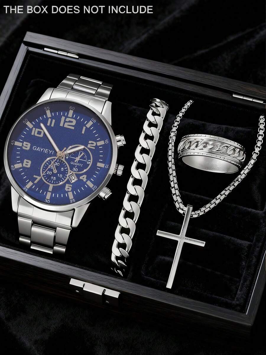 4-Piece Casual Business Men's Quartz Watch Set, Including 1 Silver Quartz Watch, 1 Arabic Numeral Chronograph Watch With Alloy Strap, 1 Chain Bracelet, 1 Cross Necklace, And 1 Textured Ring