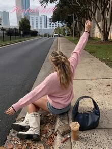 Áo len nữ cổ tròn màu trơn HoloChill, kiểu dáng thường ngày, hàng mới về mùa hè, phong cách lễ hội. - Hồng - Xem 7