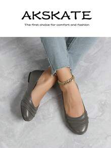 A Pair Of Round-Toe PU Leather Women's Flat Shoes, Comfortable, Stylish, Elegant, And Textured, Suitable For Home, School, Work, And Outdoor Walks. Excellent Value For Money, Perfect For Every Elegant Lady.Sporty    Plain / Plain Toe    Home - 灰色 - 查看 1