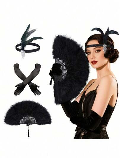 3/2/1 Piece Set 1920s Vintage Party Accessories For Women - Feather Fan, Headband And Gloves, Suitable For Retro Wedding, Ball Cosplay Costume, Accessories (Black)