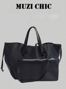 Retro Large-Capacity Bag For Women, New Casual Versatile Commuter Shoulder Bag, Hand-Held Tote Bag In Solid Black PU Material With Litchi Texture Quilting, Featuring A Strong Magnetic Clasp Closure. - Black - View 6