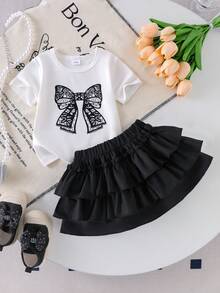 2件套女婴可爱公主风蝴蝶结印花短袖T恤休闲上衣和多层荷叶边蛋糕裙套装 - 黑色 - 查看 2