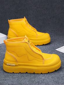 男士高帮皮质摩托车靴，2026新款厚底防滑舒适皮靴，高帮圆头系带设计，PU皮革，厨师鞋，户外运动，纯色复古休闲运动鞋 - 黃色 - 查看 2
