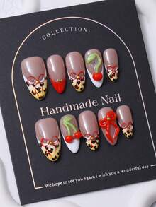 10片/套，欧美手工杏仁形美甲贴纸，Y2K多色法式风格，3D手工蝴蝶结樱桃和手绘豹纹图案设计。包含1片果冻胶和1个指甲锉。非常适合日常佩戴，也适合科切拉音乐节等场合的造型，是美甲贴片和美甲护理产品的理想之选。美甲用品 手工美甲贴片 - 彩色 - 查看 3