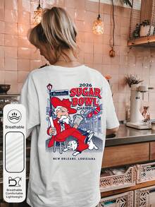 女士每日糖碗冠军图案圆领短袖休闲夏季女式上衣，红衣男子踩在斗牛犬身上图案女士白色T恤 - 白色 - 查看 3