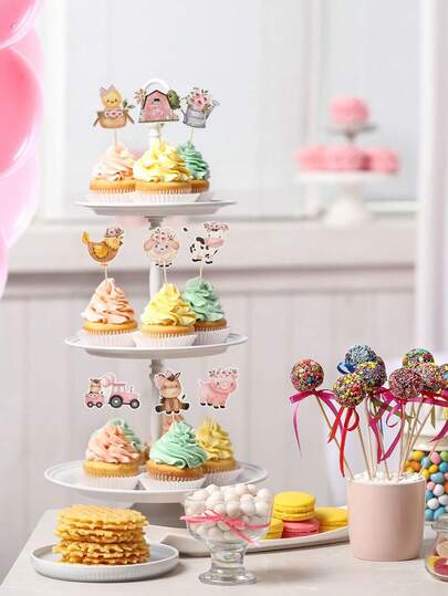 27pcs Pink Farm Animal Cake Decoration, Farm Animal Cupcake Toppers, Farm Animal Birthday Cupcake Toppers Picks For Animal Theme Babe Shower, Barnyard Birthday Party Supplies