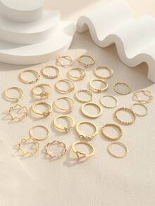 28pcs Smooth Geometric Heart Rhinestone Shaped Fashion Rings, Classic French Style Stackable Thin Band Gold Color Rings For Women - Gold - View 6