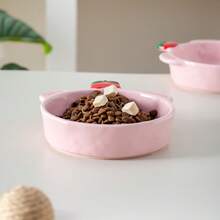 卡通苹果熊边宠物碗，陶瓷猫碗狗碗，猫粮碗，防溢宠物水碗 - 200ML蘋果小熊碗[粉] - 查看 4