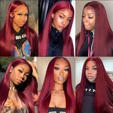 34英寸 13x4 200%密度直发蕾丝前假发 - 巴西原生预拔直发透明高清蕾丝前假发，无需胶水 - #BUG 酒红色 #99J 酒红色假发，无需胶水，即戴即用，无需胶水，无需技巧，预先修剪真发，中分直发假发，人发混纺假发，无需胶水，女士编织假发 - 自然外观 - SBUG/99J - 查看 9