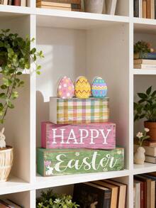 3pcs Of A Set | Rustic Wooden Easter Signs Stackable Blocks Decor , Easter Tiered Tray Decor Set ,Center Pieces For Table,Suitable For Easter Bunny, Easter Decoration, Party Supplies,Easter Party Supplies, Easter Holiday Birthday Party Favors, Party Gifts, Easter Gifts, Home Decor, Kitchen And - Multicolor - View 7