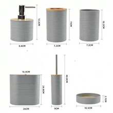 4件/6件套现代简约浴室配件套装，条纹竹盖浴室梳妆台套装，塑料和竹制浴室必备用品，包括皂液器、牙刷架、漱口杯、皂碟、马桶刷、垃圾桶。浴室台面梳妆台套装，浴室必需品，浴室装饰，适合作为乔迁、节日、生日礼物。 - 莫蘭迪綠色 - 查看 8