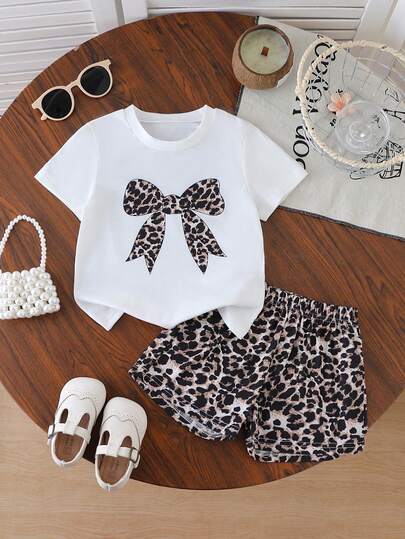 Set de 2 buc. bluză și pantaloni scurți cu imprimeu fluturi și leopard pentru fete, casual și confortabil pentru ținute în aer liber, vară