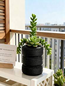 1个创意轮胎造型多肉植物花盆，绿色植物容器，家居花园装饰，带排水孔，适用于多肉植物、香草、仙人掌 - 户外桌面/办公桌装饰，轻便耐用