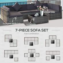 Outsunny 7-Piece Patio Furniture Set, Outdoor Wicker Conversation Set, All Weather PE Rattan Sectional Sofa Set With Cushions And Tempered Glass Top Coffee Table, Pillows, Gray - 灰色 - 查看 6