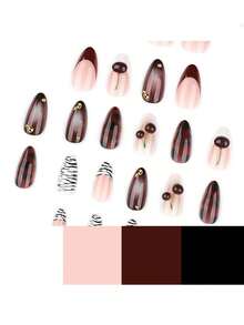 24 Long Nails Brown Nails Black And White 3D Cherry French Red Almond Nails + 1 Piece Of Jelly Glue + 1 Frosted Strip - Coffee Brown - View 5